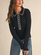 Polished Edge Black Contrast Stitch Collared Ribbed Sweater-Women's Shirts & Tops-Shop Z & Joxa