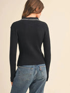 Polished Edge Black Contrast Stitch Collared Ribbed Sweater-Women's Shirts & Tops-Shop Z & Joxa