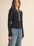 Polished Edge Black Contrast Stitch Collared Ribbed Sweater-Women's Shirts & Tops-Shop Z & Joxa