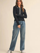 Polished Edge Black Contrast Stitch Collared Ribbed Sweater-Women's Shirts & Tops-Shop Z & Joxa