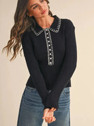 Polished Edge Black Contrast Stitch Collared Ribbed Sweater-Women's Shirts & Tops-Shop Z & Joxa
