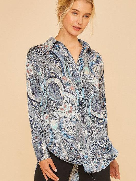 Printed in Paisley Satin Button Blouse-Women's Clothing-Shop Z & Joxa