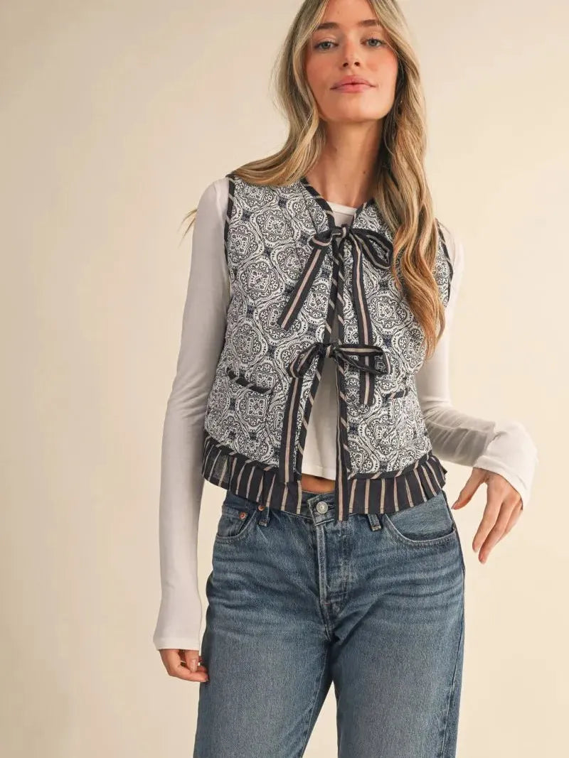Prints Charming Navy Ruffle Trim Tie Front Quilted Vest-Women's Outerwear-Shop Z & Joxa