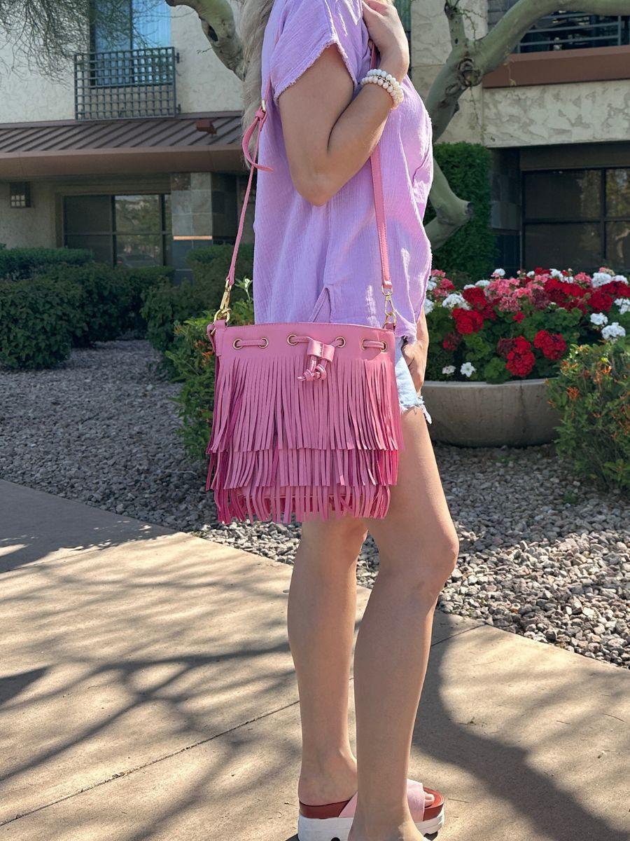 Put a Little Fringe in Your Pink Vegan Leather Fringe Bag-Women's Accessories-Shop Z & Joxa