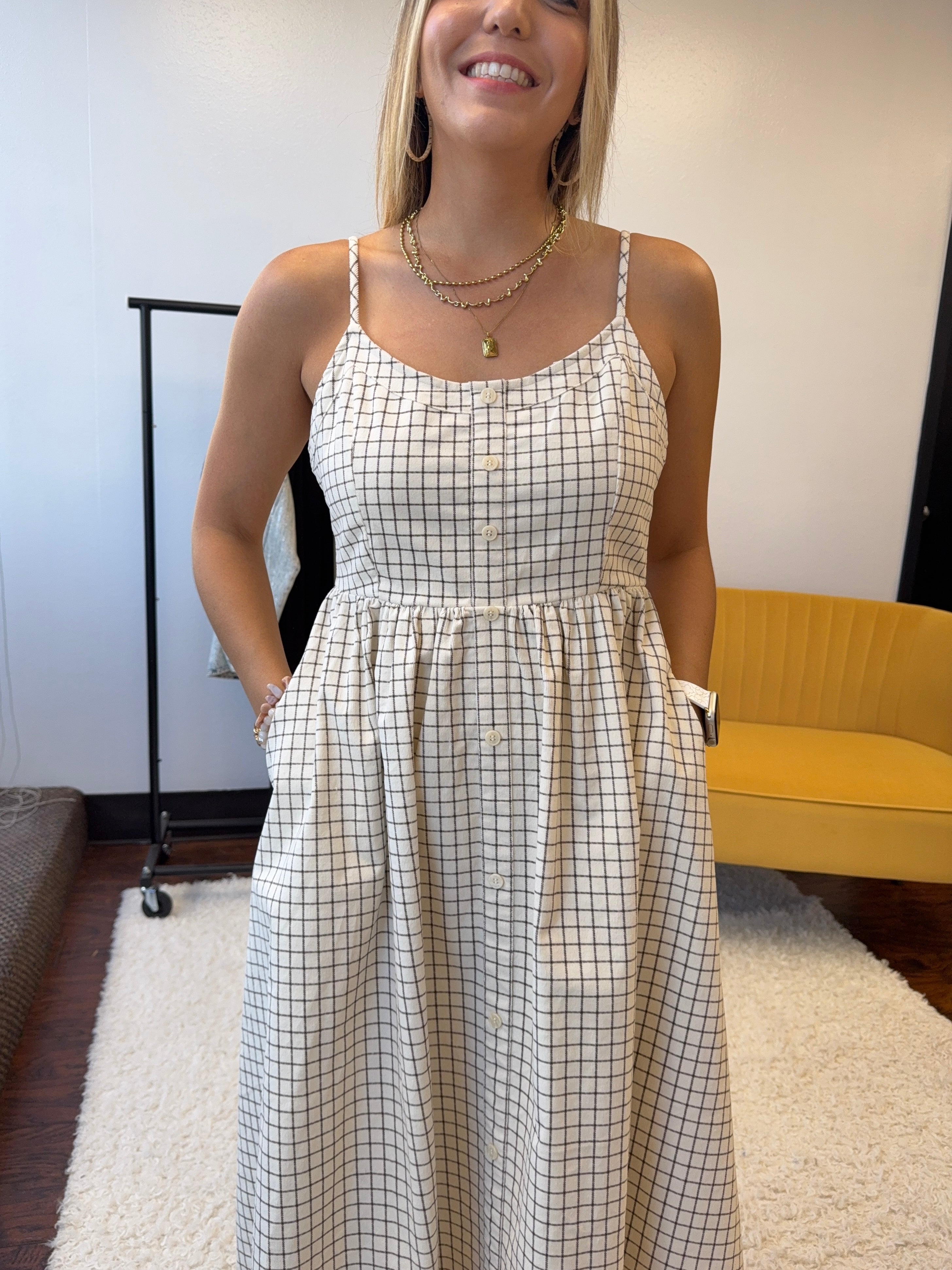 Queens Don't Do Drama Corduroy Gridline Midi Dress-Women's Dresses-Shop Z & Joxa