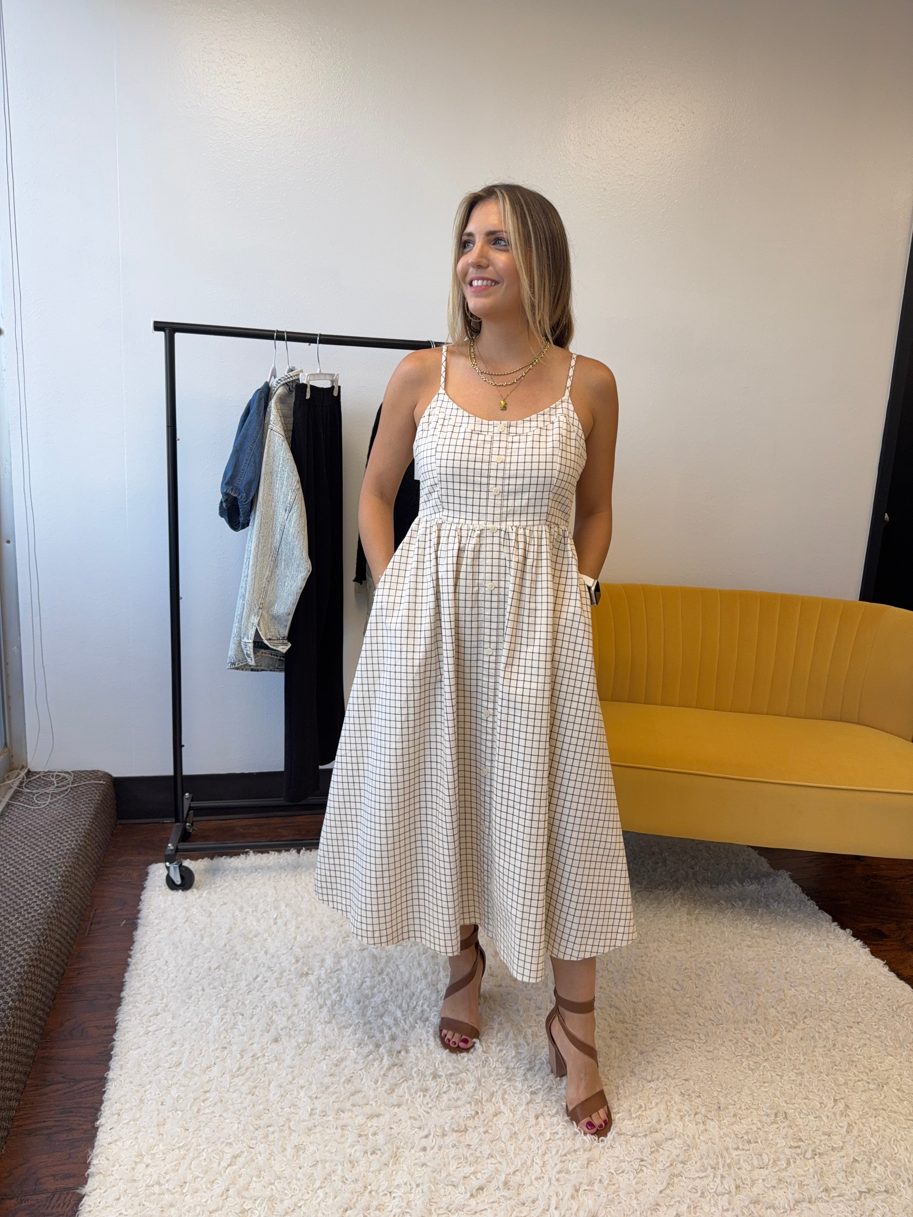 Queens Don't Do Drama Corduroy Gridline Midi Dress-Women's Dresses-Shop Z & Joxa