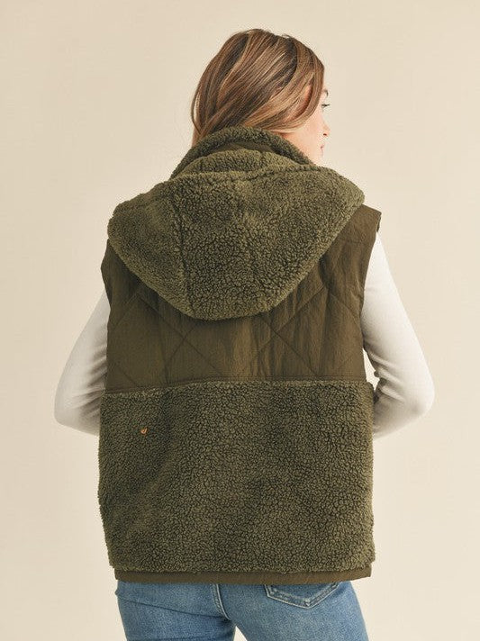 Quilted + Teddy Chilly Szn Vest in Dark Olive-Women's Clothing-Shop Z & Joxa
