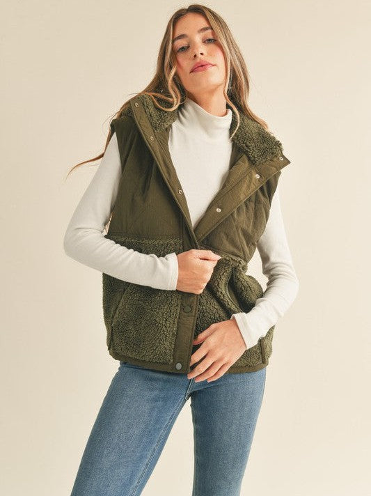 Quilted + Teddy Chilly Szn Vest in Dark Olive-Women's Clothing-Shop Z & Joxa