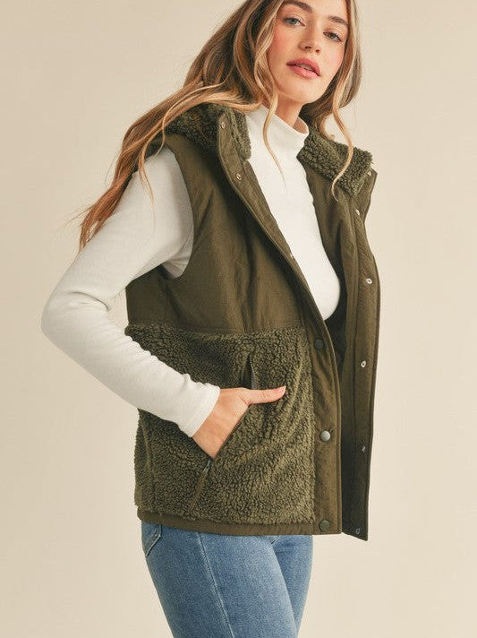 Quilted + Teddy Chilly Szn Vest in Dark Olive-Women's Clothing-Shop Z & Joxa