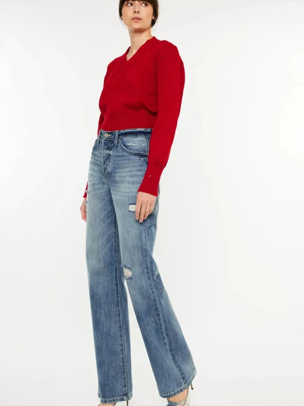 Retro Edge Distressed High-Rise Bootcut Jeans by Kancan-Women's Jeans-Shop Z & Joxa