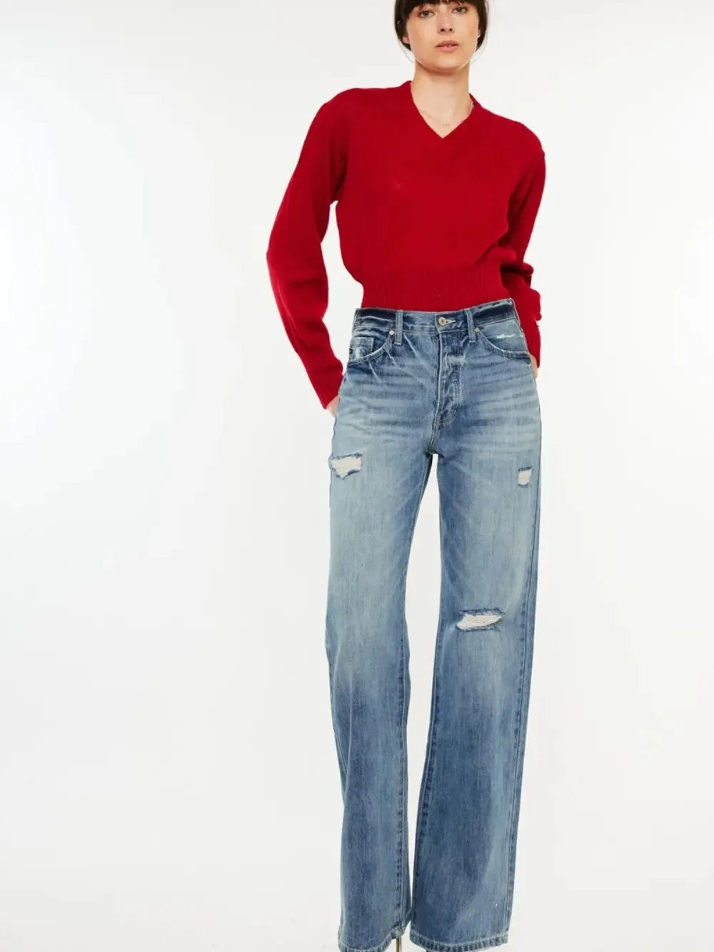 Retro Edge Distressed High-Rise Bootcut Jeans by Kancan-Women's Jeans-Shop Z & Joxa