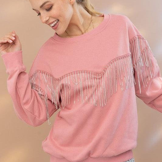Rhinestone Queen Fringe Sweater Top-Shop Z & Joxa