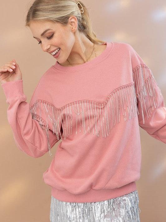 Rhinestone Queen Fringe Sweater Top-Shop Z & Joxa