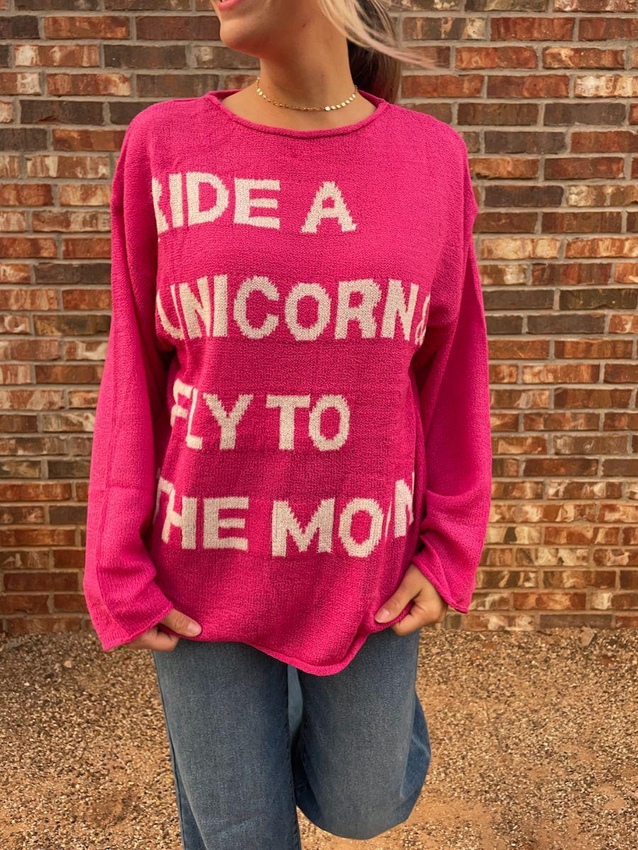 Ride a Unicorn Hot Pink Pullover Sweater-Women's Clothing-Shop Z & Joxa
