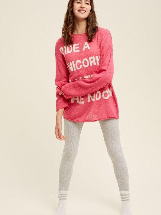 Ride a Unicorn Hot Pink Pullover Sweater-Women's Clothing-Shop Z & Joxa