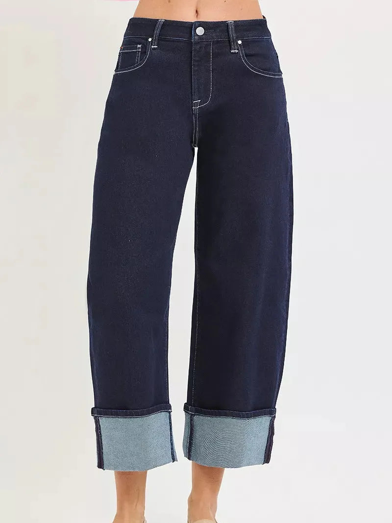 Risen After Hours Slouchy Cropped Barrel Cuffed Hem Jeans-Women's Jeans-Shop Z & Joxa