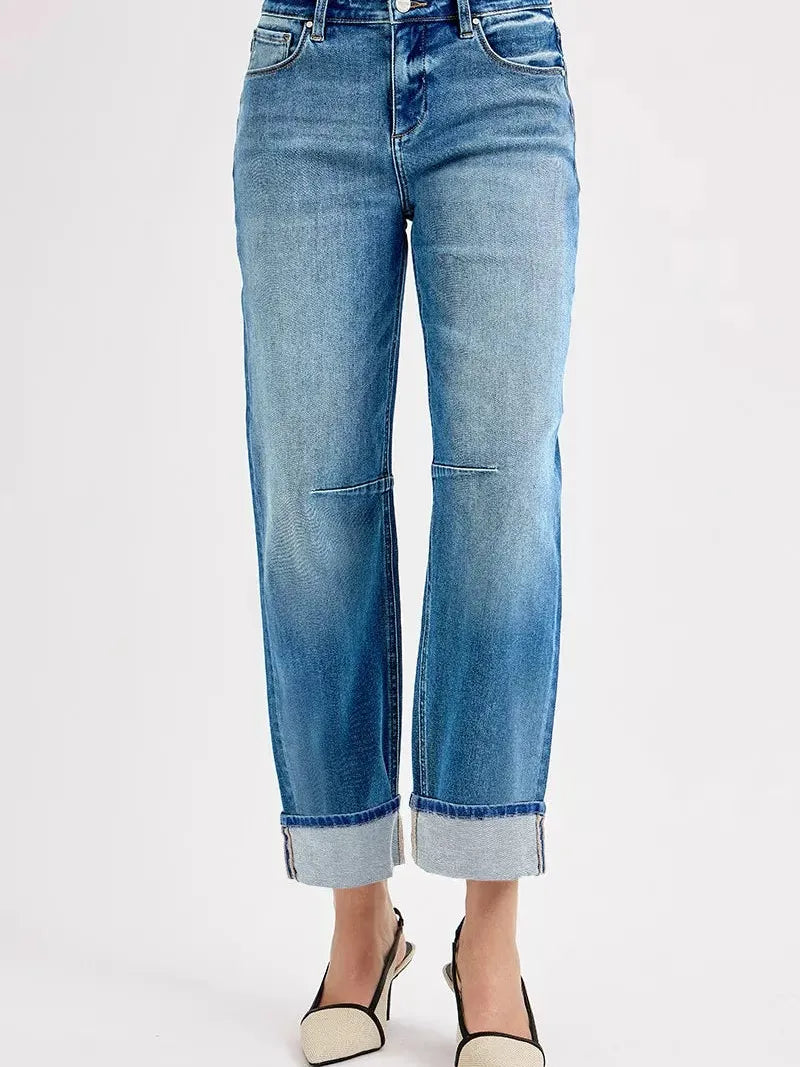 Risen Aurora Fold Slouchy Barrel Cuffed Cropped Jeans-Women's Jeans-Shop Z & Joxa