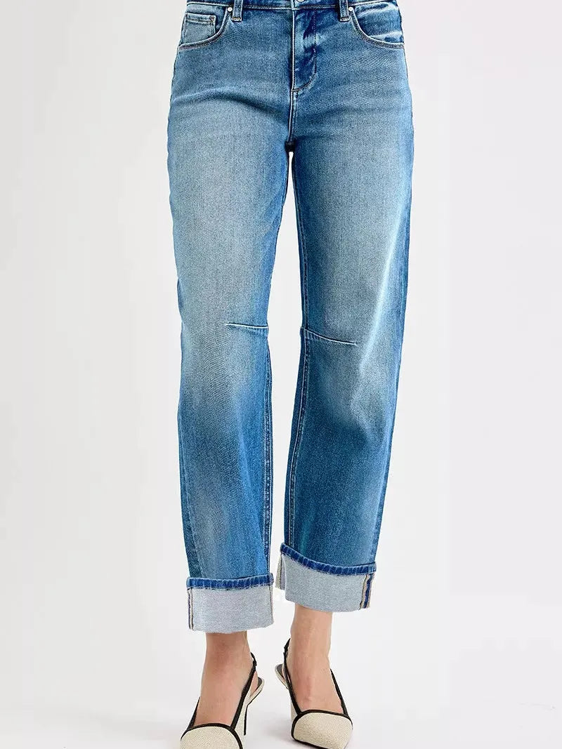 Risen Aurora Fold Slouchy Barrel Cuffed Cropped Jeans-Women's Jeans-Shop Z & Joxa