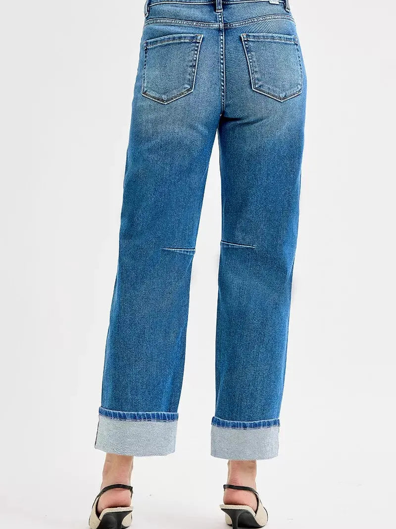 Risen Aurora Fold Slouchy Barrel Cuffed Cropped Jeans-Women's Jeans-Shop Z & Joxa