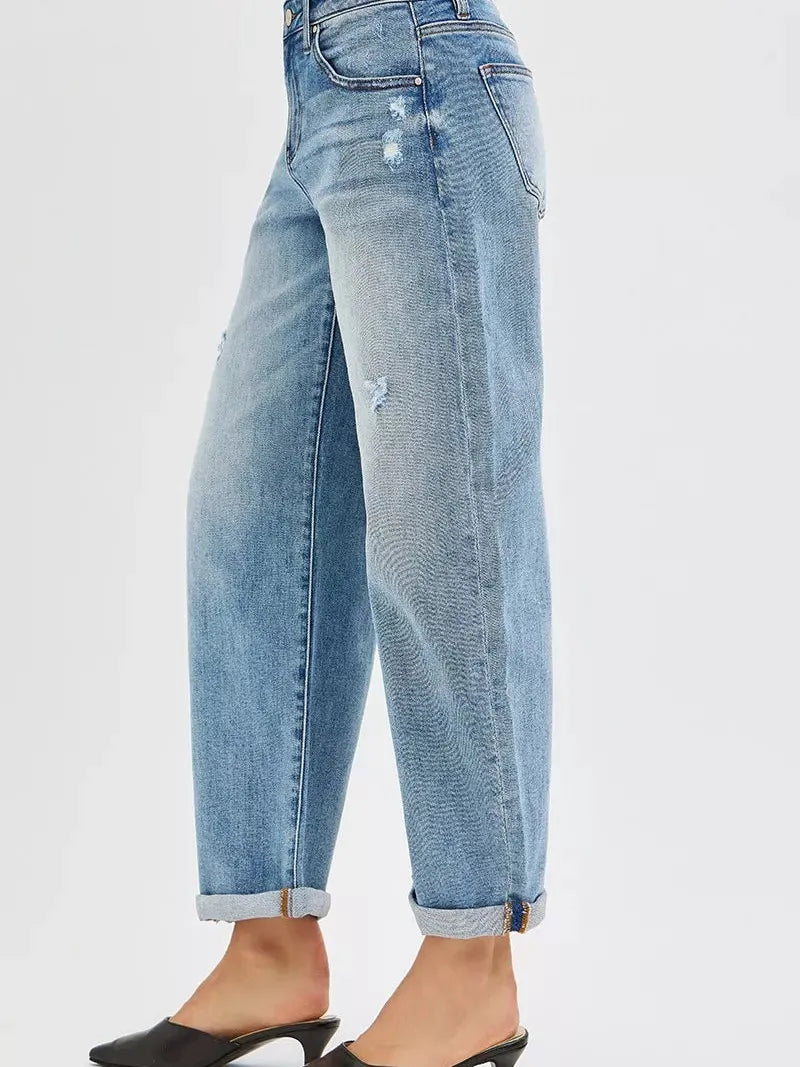 Risen Barrel Beat Mid Rise Ankle Length Barrel Cuffed Jeans-Women's Jeans-Shop Z & Joxa
