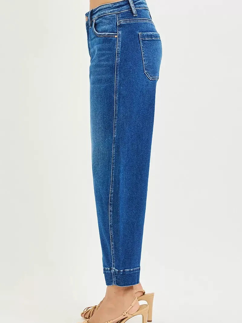 Risen Barrel Bliss High Rise Dark Wash Barrel Cropped Jeans-Women's Jeans-Shop Z & Joxa