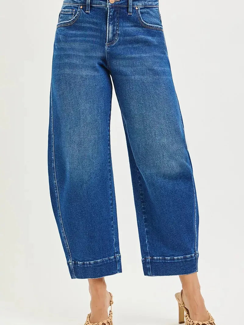 Risen Barrel Bliss High Rise Dark Wash Barrel Cropped Jeans-Women's Jeans-Shop Z & Joxa