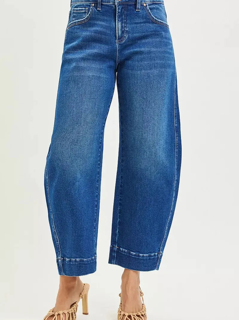Risen Barrel Bliss High Rise Dark Wash Barrel Cropped Jeans-Women's Jeans-Shop Z & Joxa