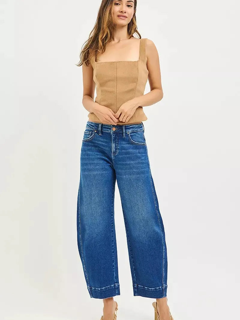 Risen Barrel Bliss High Rise Dark Wash Barrel Cropped Jeans-Women's Jeans-Shop Z & Joxa