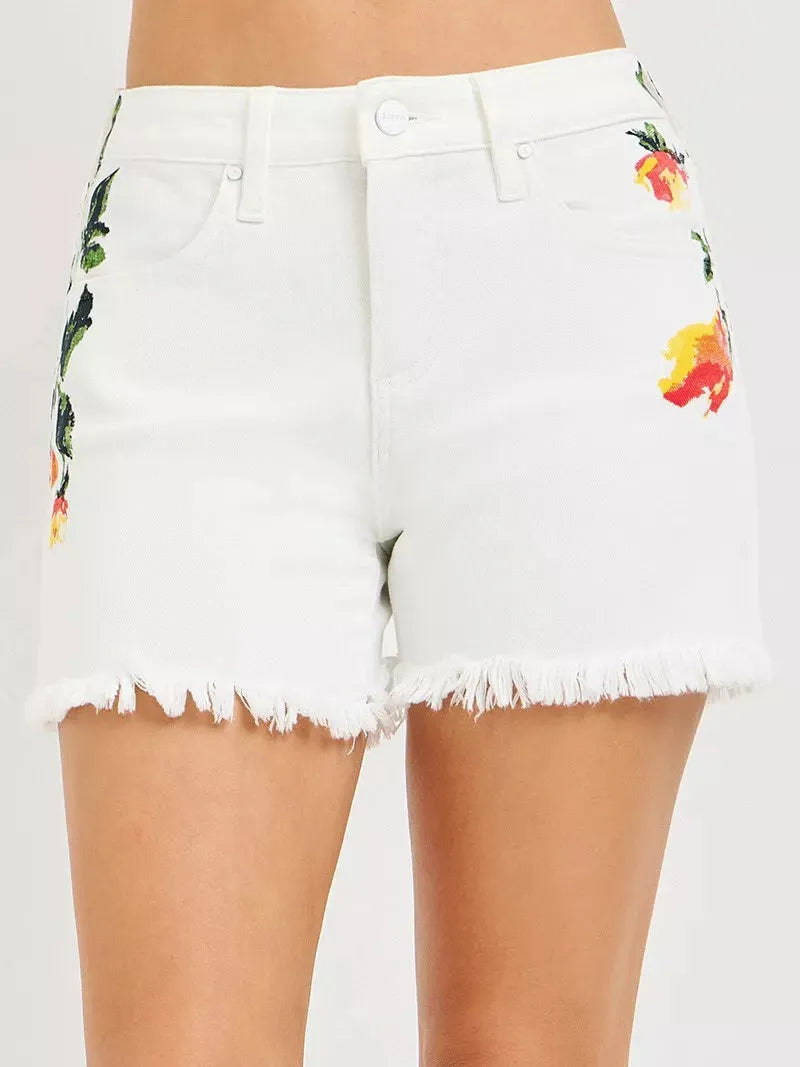 Risen Bloom Breeze Tummy Control High Rise White with Flowers-Women's Shorts-Shop Z & Joxa