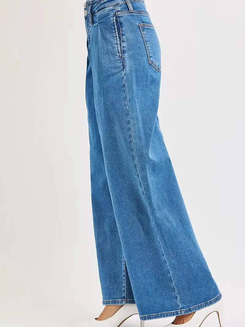 Risen Blue Mirage Mid Rise Wide Leg Jeans with Pleated Detail-Women's Jeans-Shop Z & Joxa