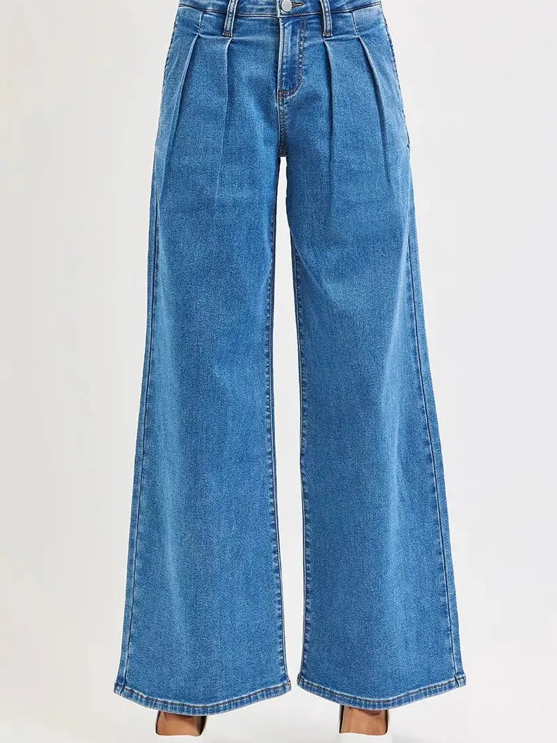 Risen Blue Mirage Mid Rise Wide Leg Jeans with Pleated Detail-Women's Jeans-Shop Z & Joxa