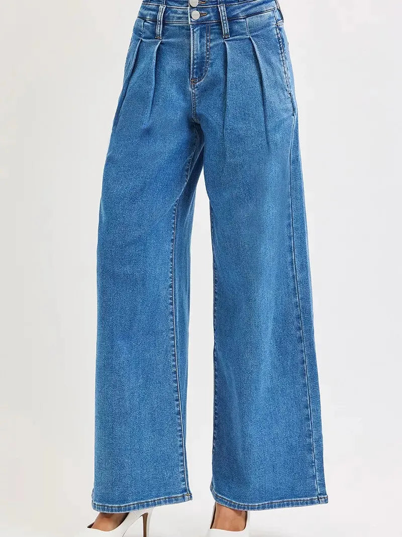 Risen Blue Mirage Mid Rise Wide Leg Jeans with Pleated Detail-Women's Jeans-Shop Z & Joxa