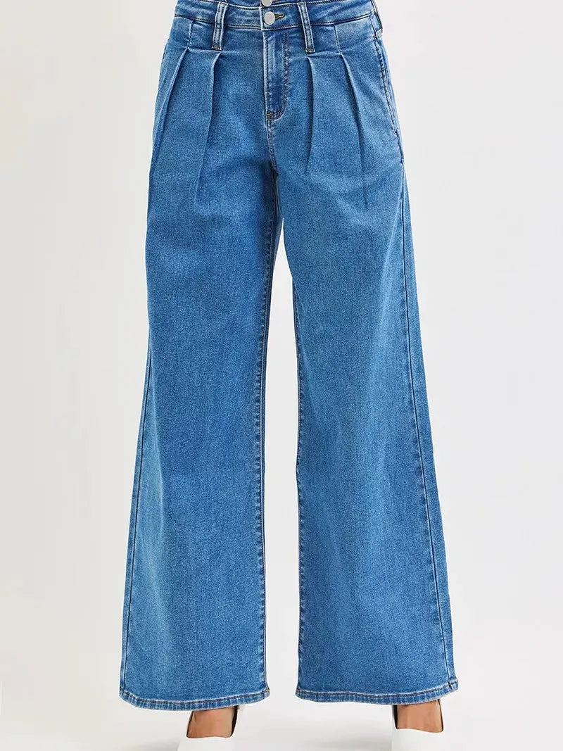 Risen Blue Mirage Mid Rise Wide Leg Jeans with Pleated Detail-Women's Jeans-Shop Z & Joxa