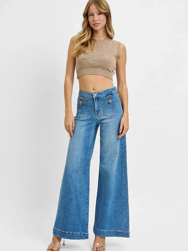 Risen BlueHaven Wide Leg Jeans in Medium Stone-Women's Jeans-Shop Z & Joxa