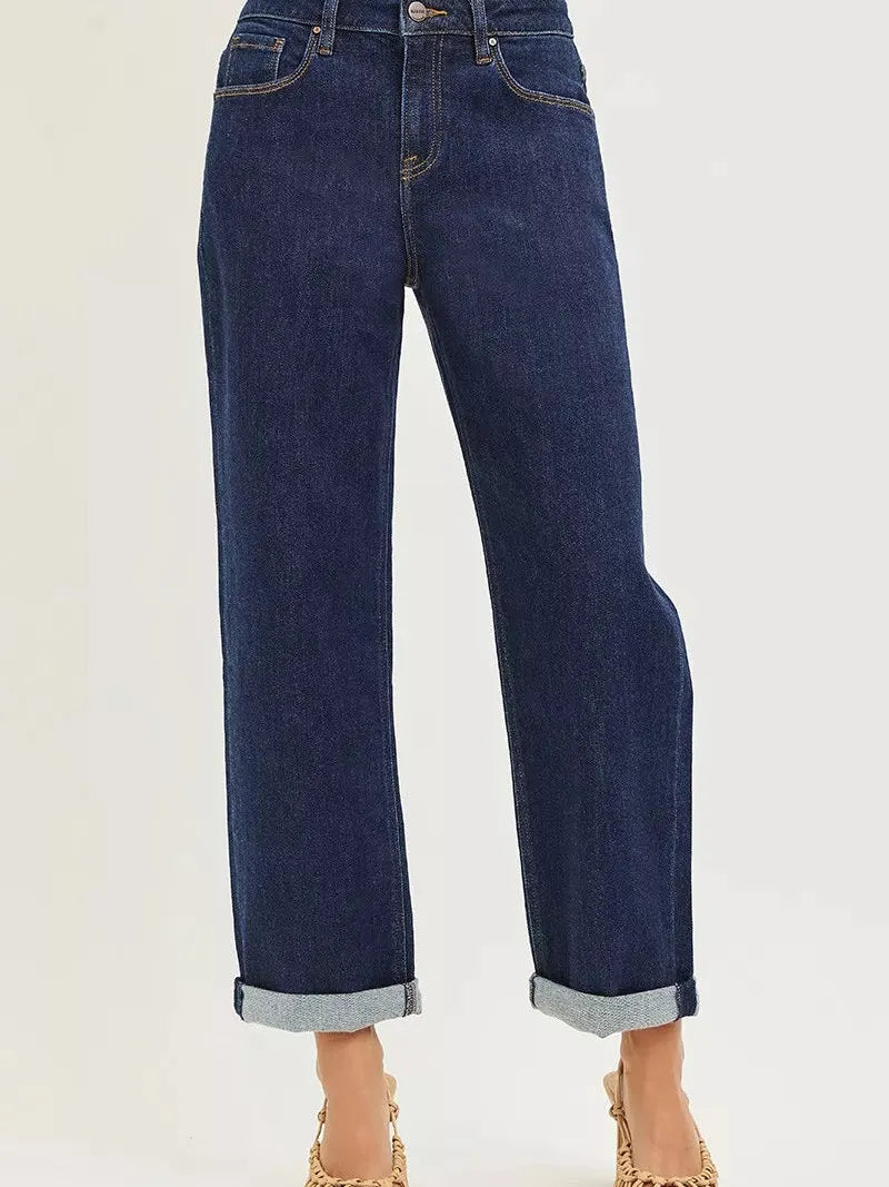 Risen Boyfriend Vibes Slouchy Cropped Cuffed Hem Jeans-Women's Jeans-Shop Z & Joxa