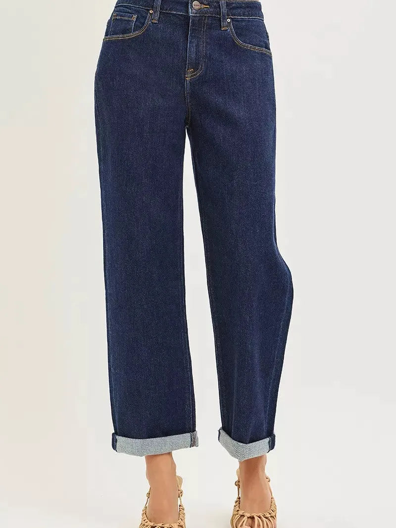 Risen Boyfriend Vibes Slouchy Cropped Cuffed Hem Jeans-Women's Jeans-Shop Z & Joxa