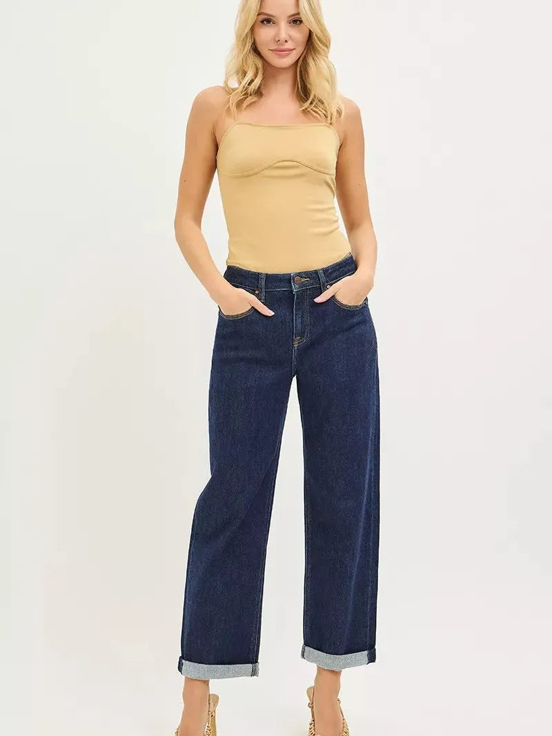 Risen Boyfriend Vibes Slouchy Cropped Cuffed Hem Jeans-Women's Jeans-Shop Z & Joxa