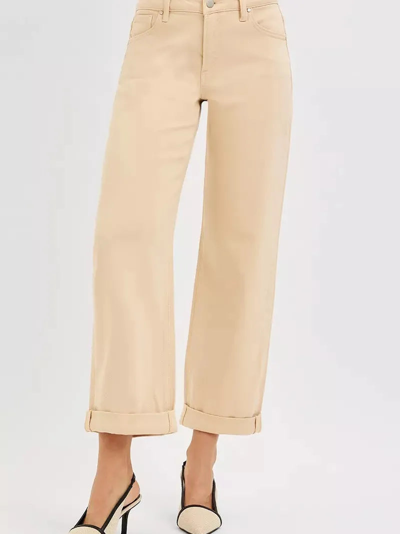 Risen Buttercream Edit Tummy Control Mid Rise Ankle Barrel Relaxed Baggy-Women's Jeans-Shop Z & Joxa