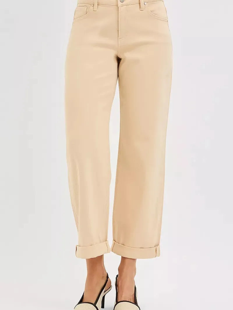 Risen Buttercream Edit Tummy Control Mid Rise Ankle Barrel Relaxed Baggy-Women's Jeans-Shop Z & Joxa