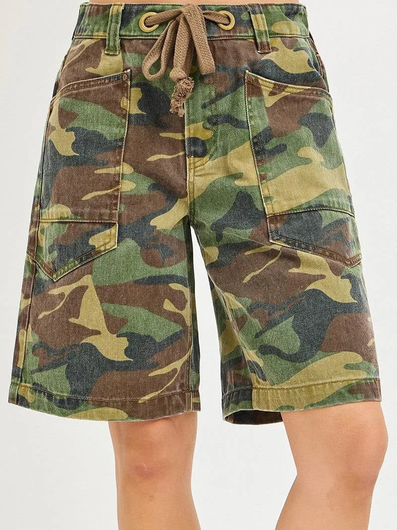Risen Camo Drift Slouchy Camo Jorts with Eyelet Drawstring-Women's Shorts-Shop Z & Joxa