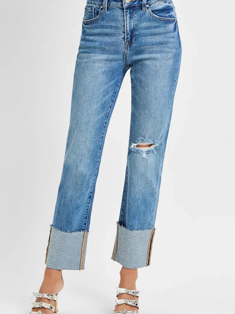 Risen CityStride High Rise Ankle Straight Wide Cuffed Jeans-Women's Jeans-Shop Z & Joxa