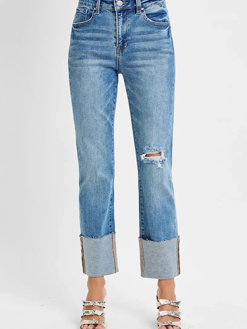 Risen CityStride High Rise Ankle Straight Wide Cuffed Jeans-Women's Jeans-Shop Z & Joxa