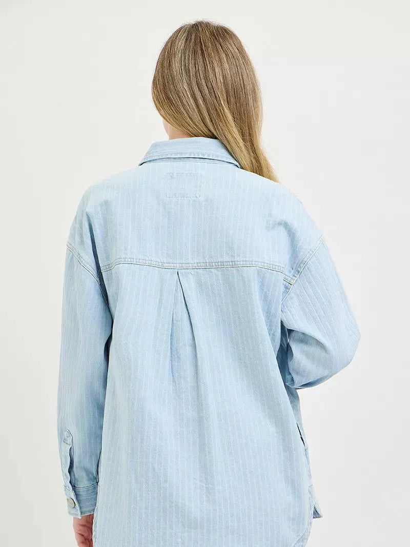 Risen Coastal Stripe Oversized Stripe Denim Shacket-Women's Shirts & Tops-Shop Z & Joxa