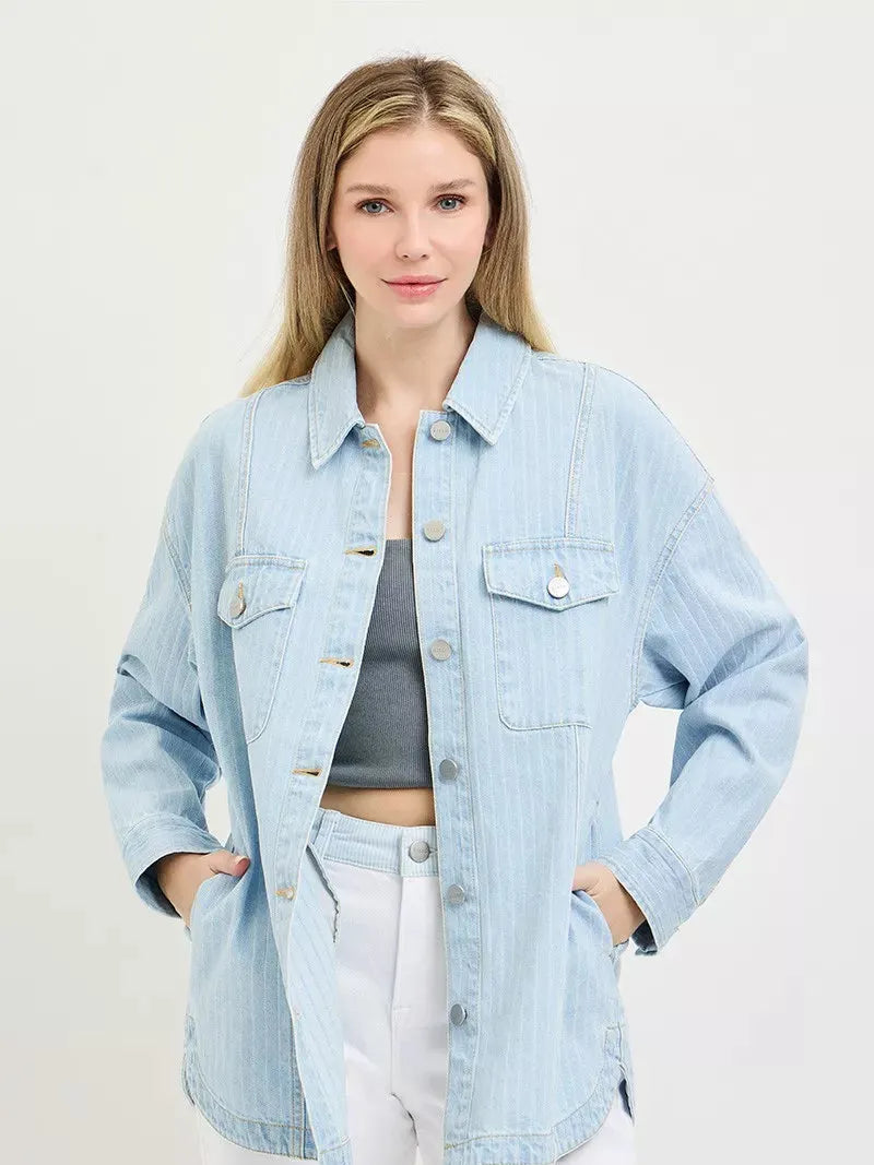 Risen Coastal Stripe Oversized Stripe Denim Shacket-Women's Shirts & Tops-Shop Z & Joxa