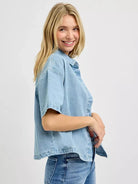 Risen Cool Breeze Oversized Half Sleeve Cropped Denim Shirt-Women's Shirts & Tops-Shop Z & Joxa