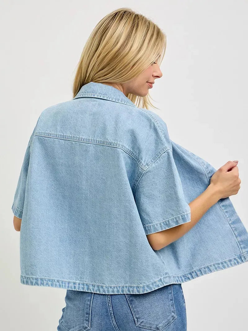 Risen Cool Breeze Oversized Half Sleeve Cropped Denim Shirt-Women's Shirts & Tops-Shop Z & Joxa