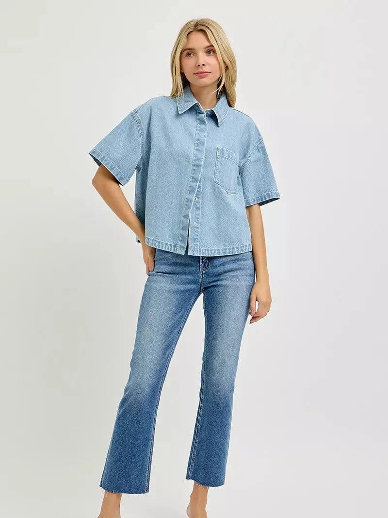 Risen Cool Breeze Oversized Half Sleeve Cropped Denim Shirt-Women's Shirts & Tops-Shop Z & Joxa
