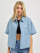 Risen Cool Breeze Oversized Half Sleeve Cropped Denim Shirt-Women's Shirts & Tops-Shop Z & Joxa