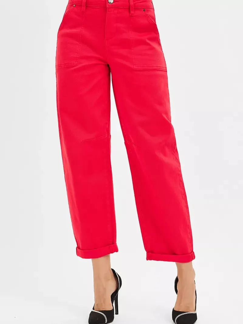 Risen Crimson Crush High Rise Ankle Cuffed Barrel Pants-Women's Jeans-Shop Z & Joxa