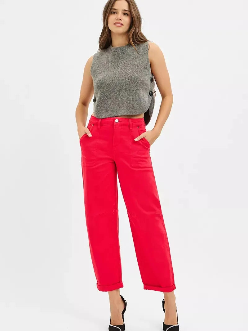 Risen Crimson Crush High Rise Ankle Cuffed Barrel Pants-Women's Jeans-Shop Z & Joxa